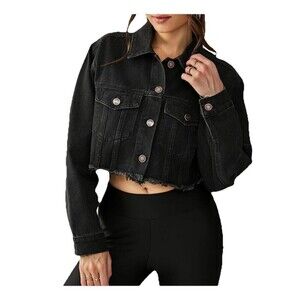 Womens Large Black Cropped Denim Jacket Raw Hem Oversized